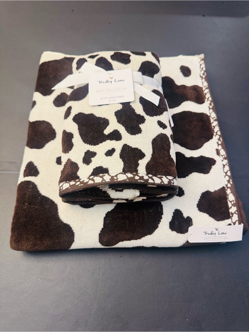 3pc TRULY LOU Bath Towel Set - Cotton Velour - Cow Print -Hot Fudge-Br/OffWhite